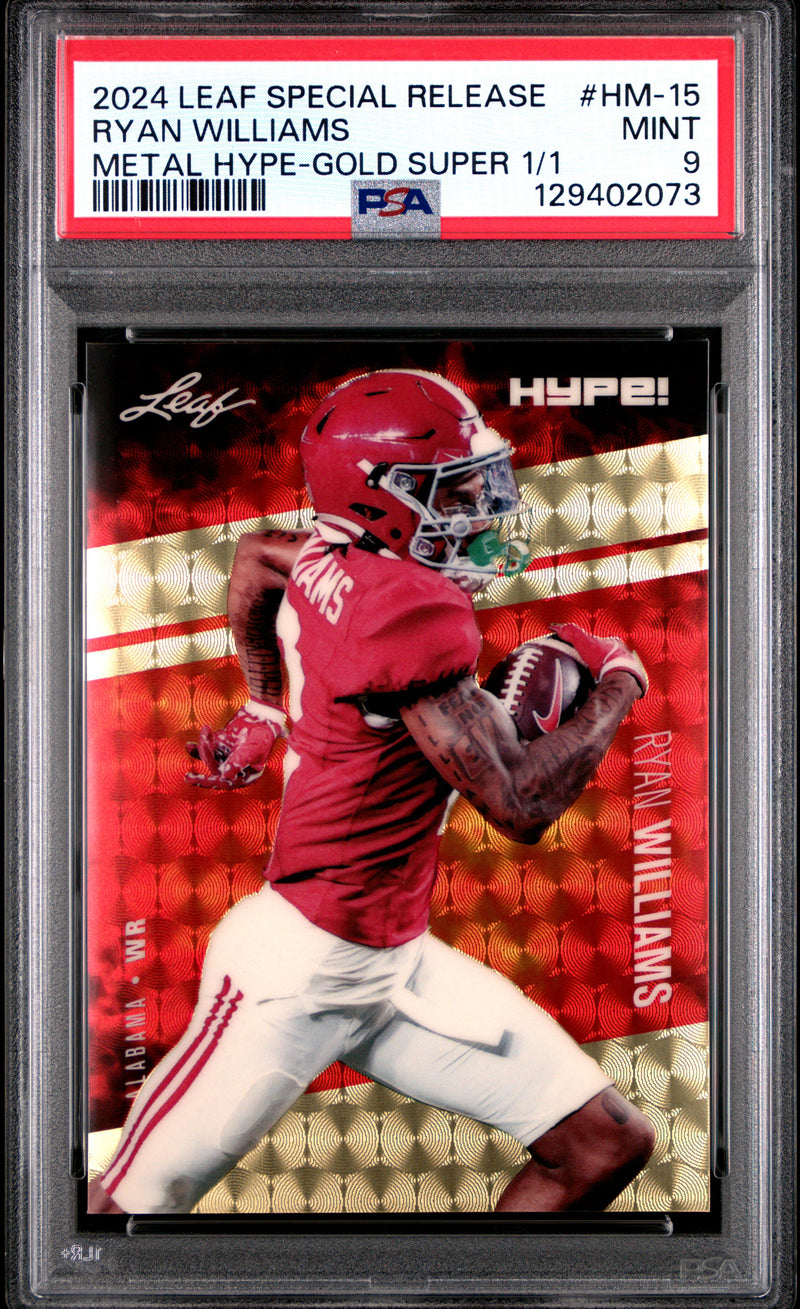 PSA 9 Ryan Williams 2024 Leaf HYPE! Metal #HM-15 Gold Superprismatic 1/1 Rookie Card Alabama