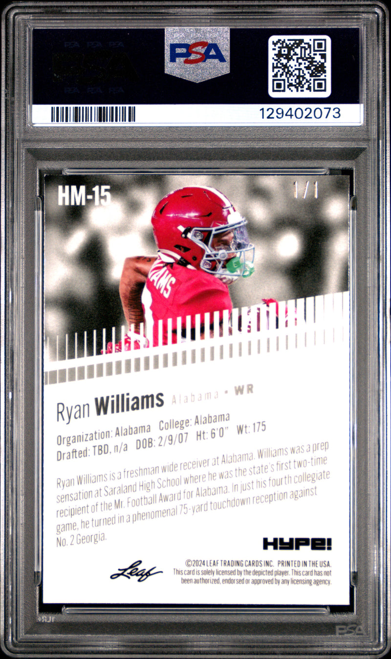 PSA 9 Ryan Williams 2024 Leaf HYPE! Metal #HM-15 Gold Superprismatic 1/1 Rookie Card Alabama