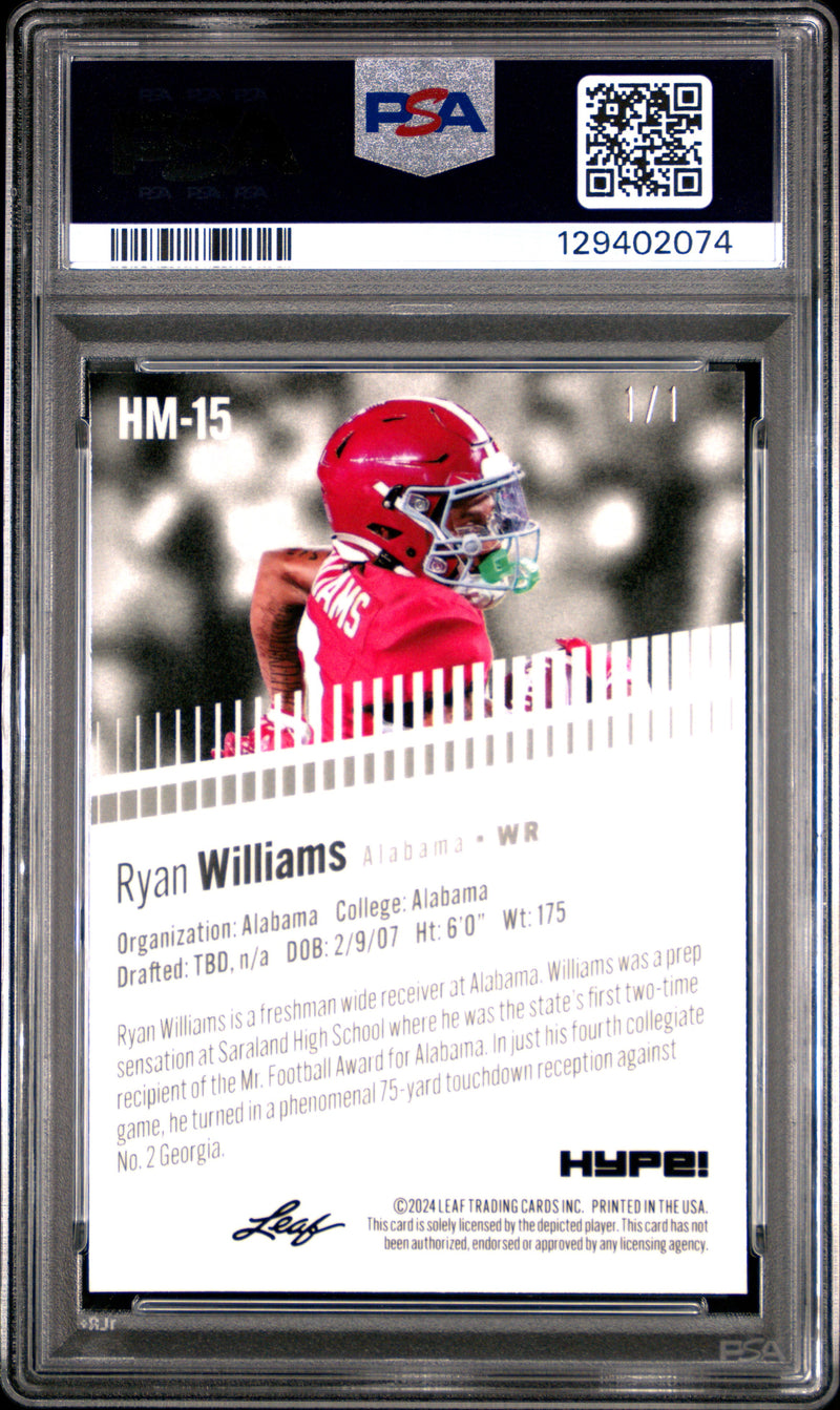 PSA 10 Ryan Williams 2024 Leaf HYPE! Metal #HM-15 Black Superprismatic 1/1 Rookie Card Alabama