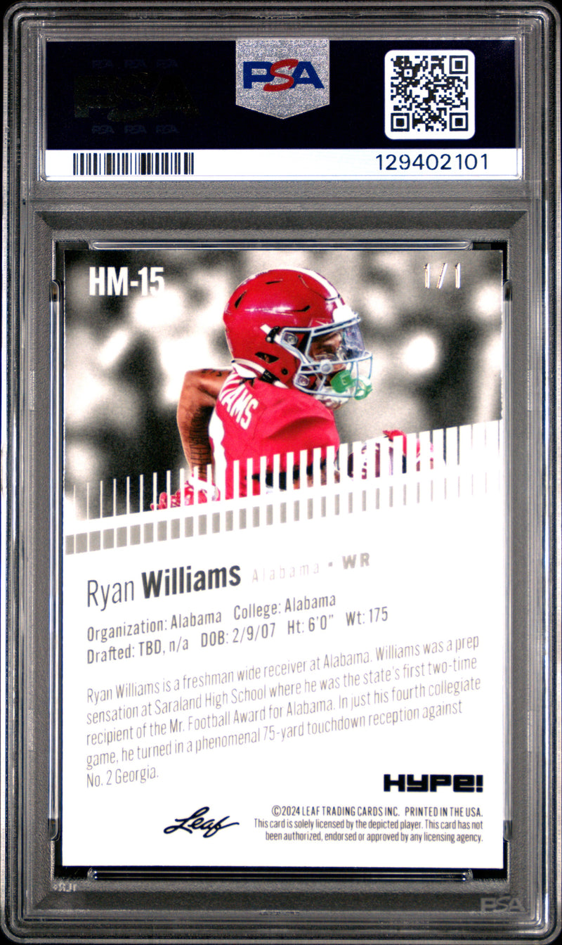PSA 8 Ryan Williams 2024 Leaf HYPE! Metal #HM-15 Matrix 1/1 Rookie Card Alabama