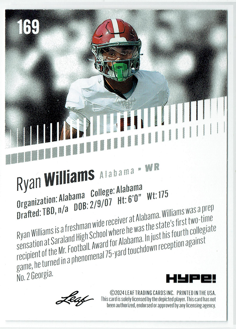 Mint Ryan Williams 2024 Leaf HYPE! #LH-169 Only 5000 Made Rookie Card Alabama