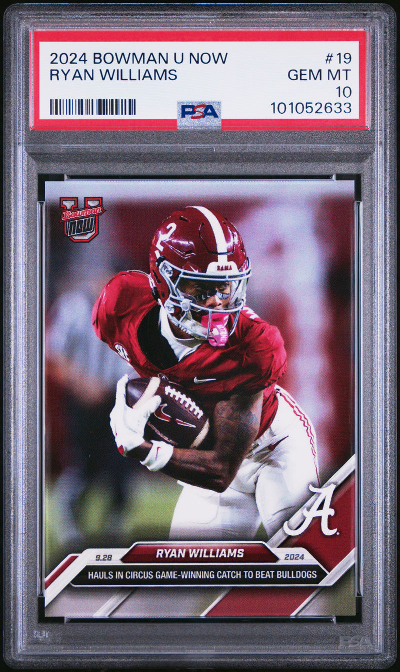 PSA 10 Ryan Williams 2024 Bowman University Now #19 Game Winner Rookie Card Alabama Crimson Tide