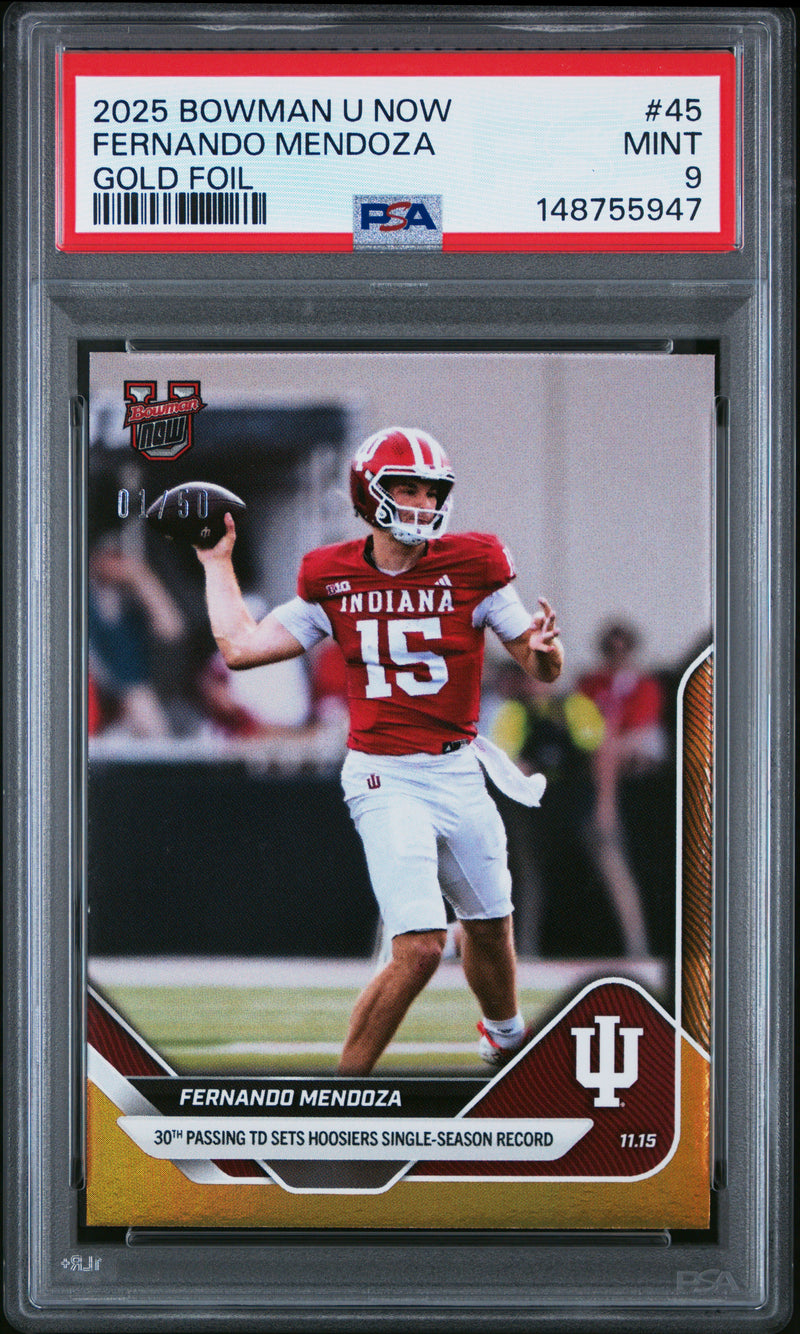 PSA 9 Fernando Mendoza 2025 Bowman University Now #45 Gold SP The #1 of 50 Rookie Card Indiana Hoosiers