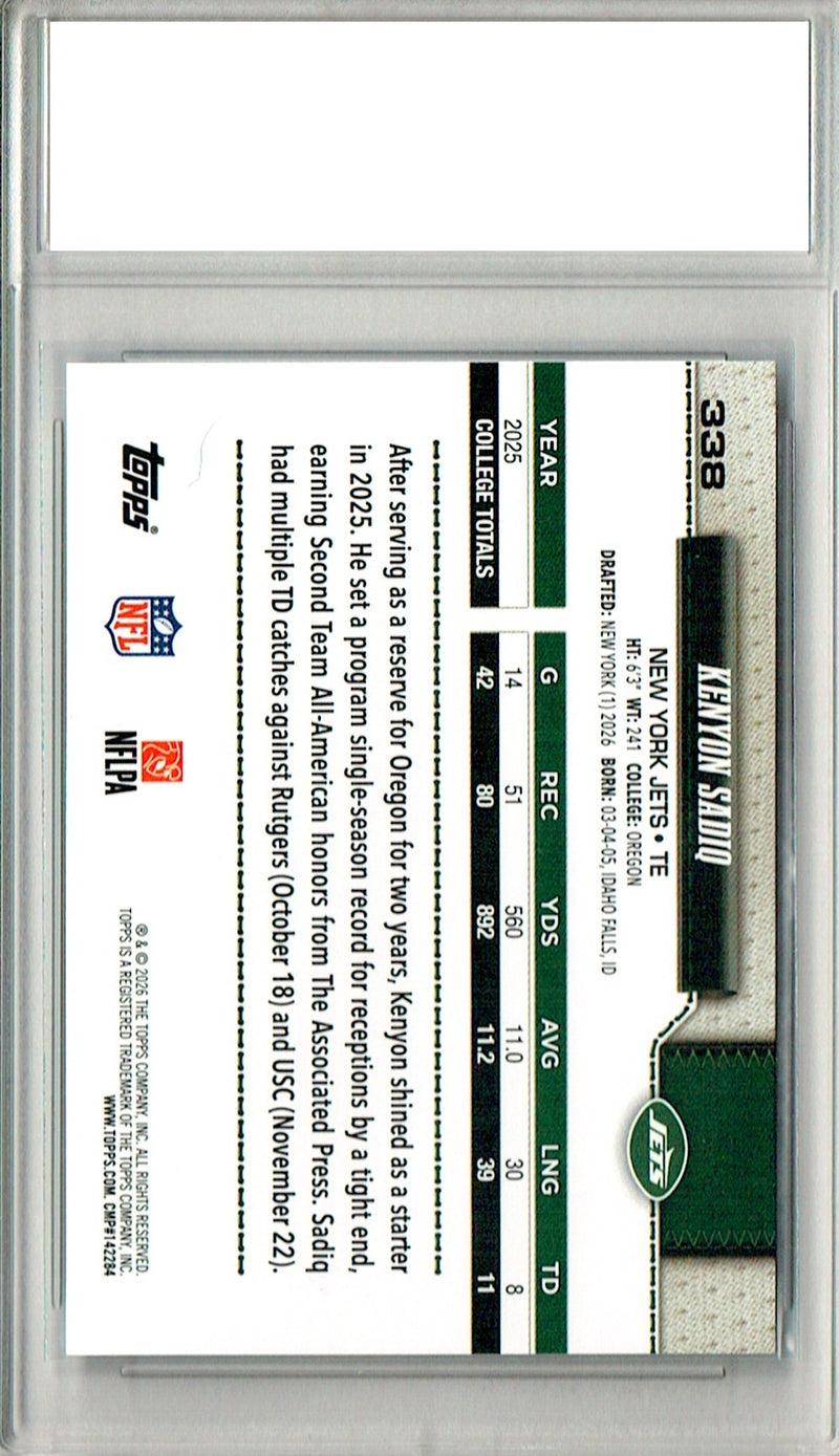 Kenyon Sadiq Rookie Card 2026 Topps #338 Flagship, PGI 10, New York Jets Football