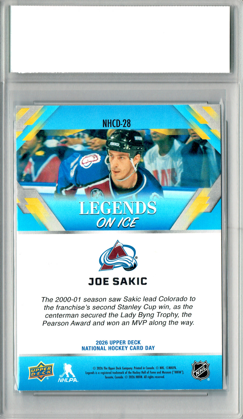 Joe Sakic Trading Card 2026 Upper Deck #NHCD-28 National Hockey Card Day, PGI 10, Colorado Avalanche Hockey