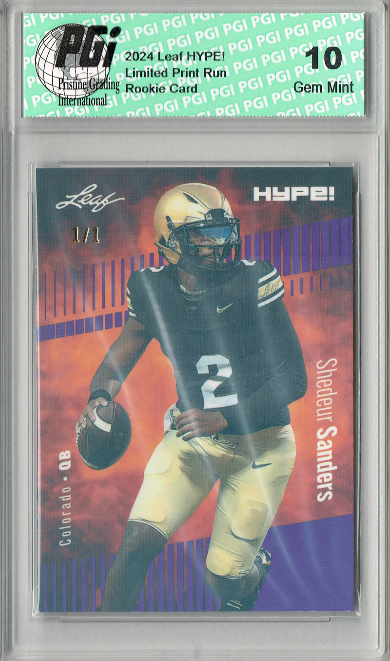 Shedeur Sanders Rookie Card Cleveland PGI 10 Gem Mint Football Trading Card 2024 Leaf HYPE! #170 Purple Shimmer 1/1