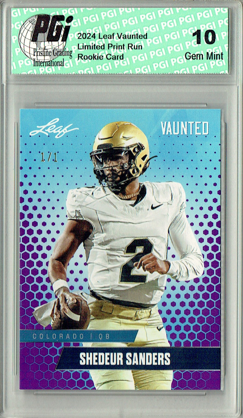Shedeur Sanders Rookie Card Cleveland PGI 10 Gem Mint Football Trading Card 2024 Leaf Vaunted #V-16 Purple Blank Back 1/1