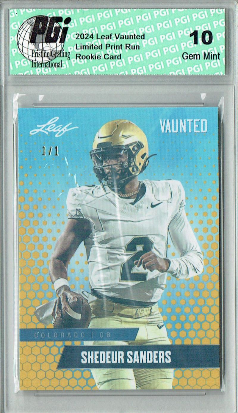 Shedeur Sanders Rookie Card Cleveland PGI 10 Gem Mint Football Trading Card 2024 Leaf Vaunted #V-16 Gold Shimmer 1/1