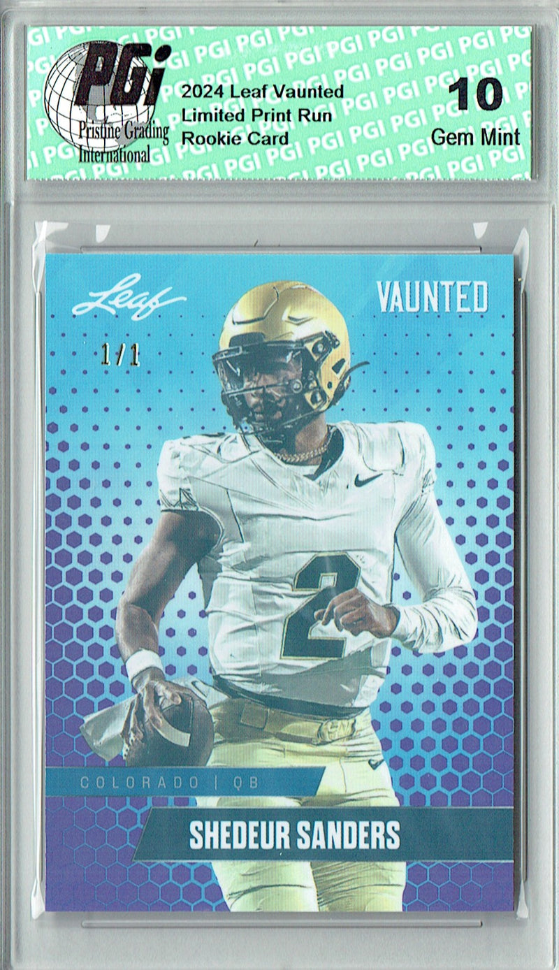 Shedeur Sanders Rookie Card Cleveland PGI 10 Gem Mint Football Trading Card 2024 Leaf Vaunted #V-16 Purple Shimmer 1/1