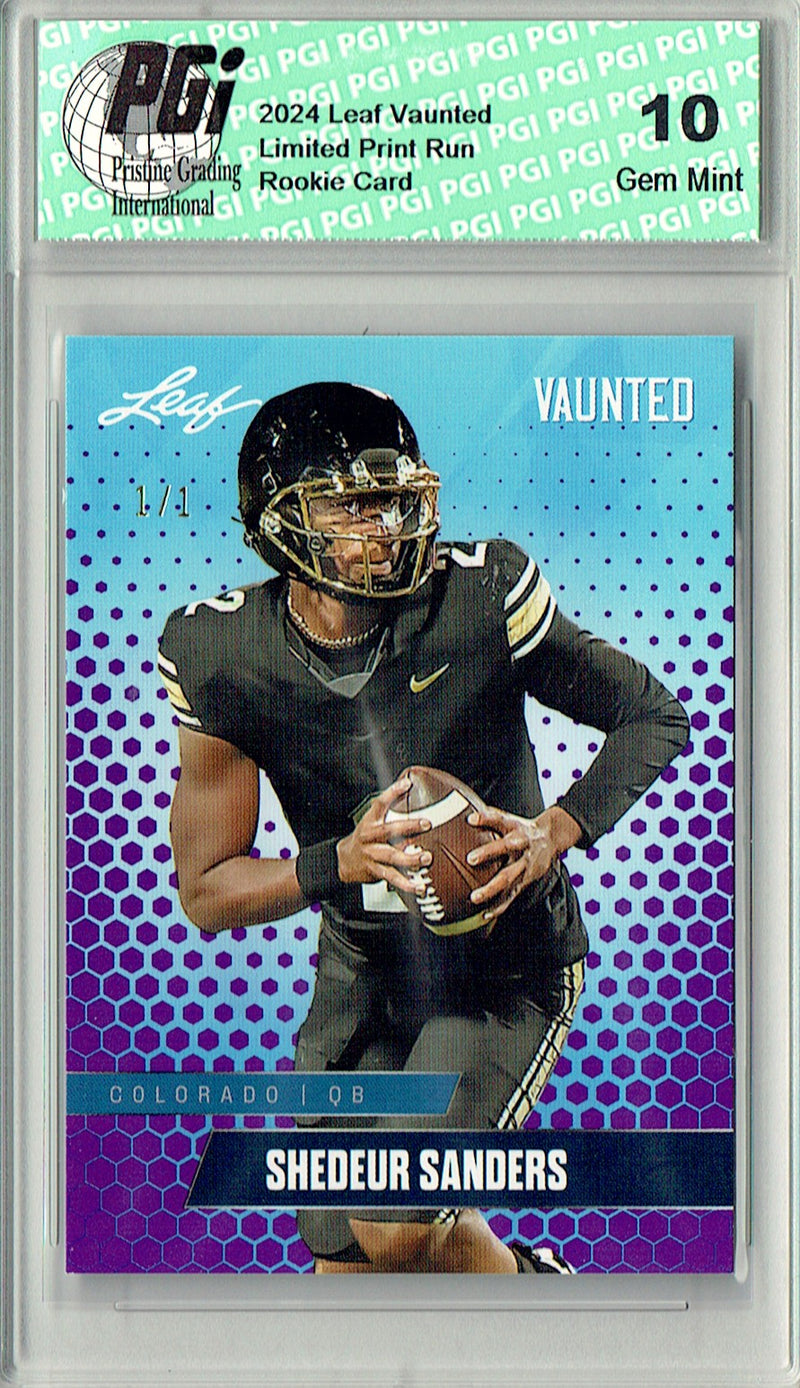 Shedeur Sanders Rookie Card Cleveland PGI 10 Gem Mint Football Trading Card 2024 Leaf Vaunted #V-17 Purple Blank Back 1/1