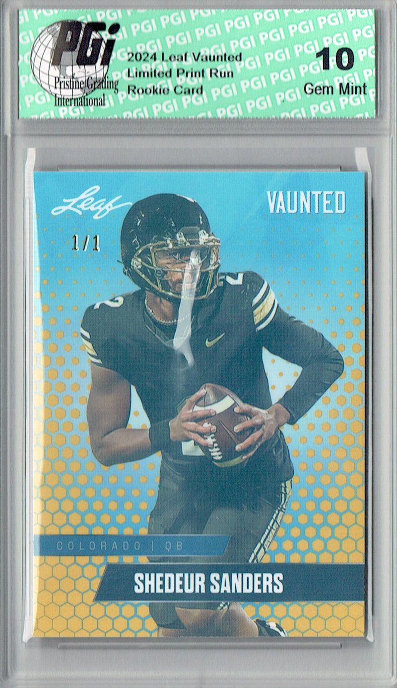 Shedeur Sanders Rookie Card Cleveland PGI 10 Gem Mint Football Trading Card 2024 Leaf Vaunted #V-17 Gold Shimmer 1/1
