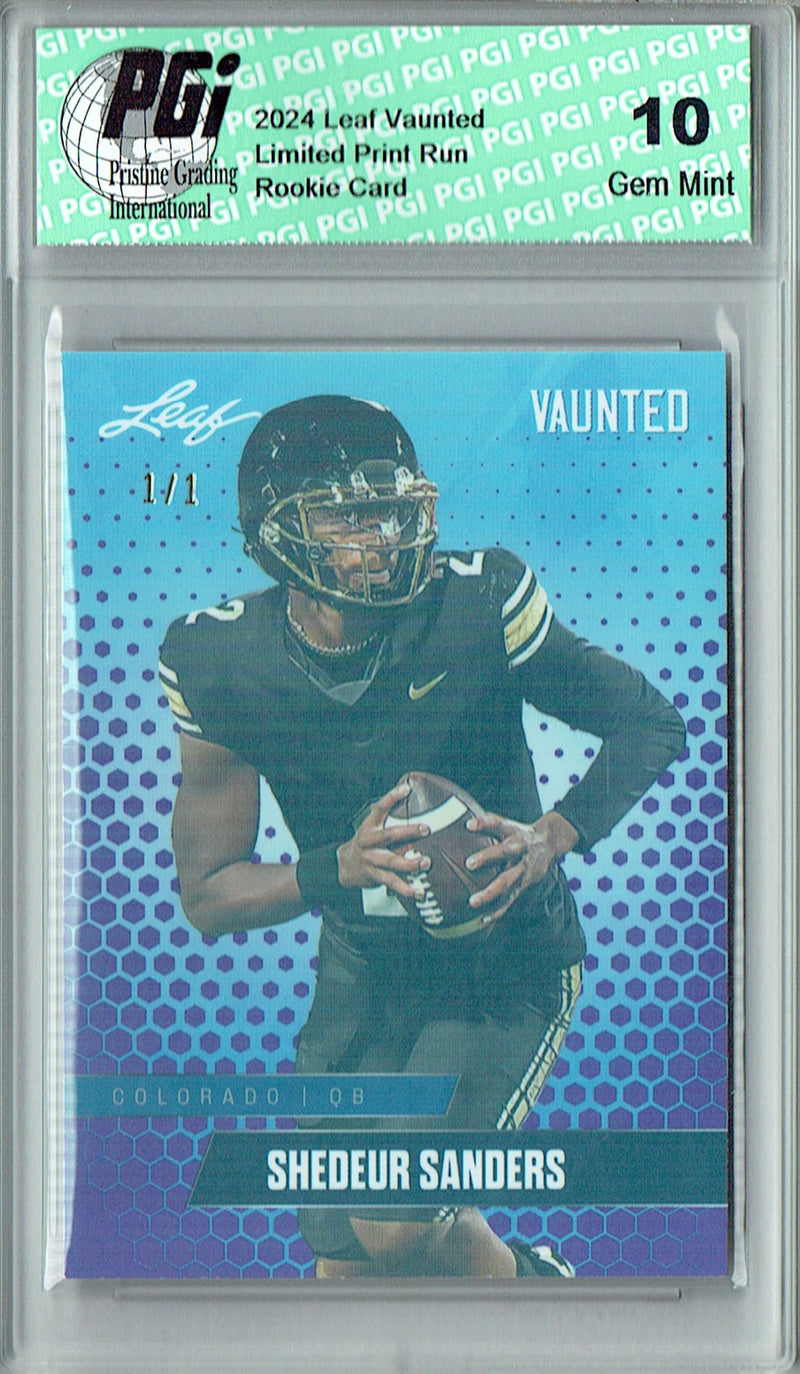 Shedeur Sanders Rookie Card Cleveland PGI 10 Gem Mint Football Trading Card 2024 Leaf Vaunted #V-17 Purple Shimmer 1/1