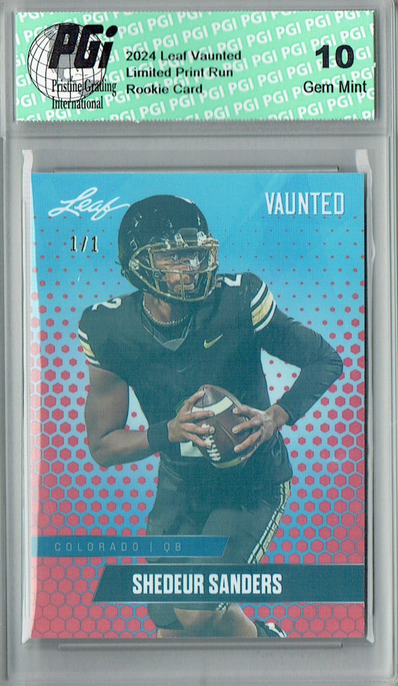 Shedeur Sanders Rookie Card Cleveland PGI 10 Gem Mint Football Trading Card 2024 Leaf Vaunted #V-17 Red Shimmer 1/1