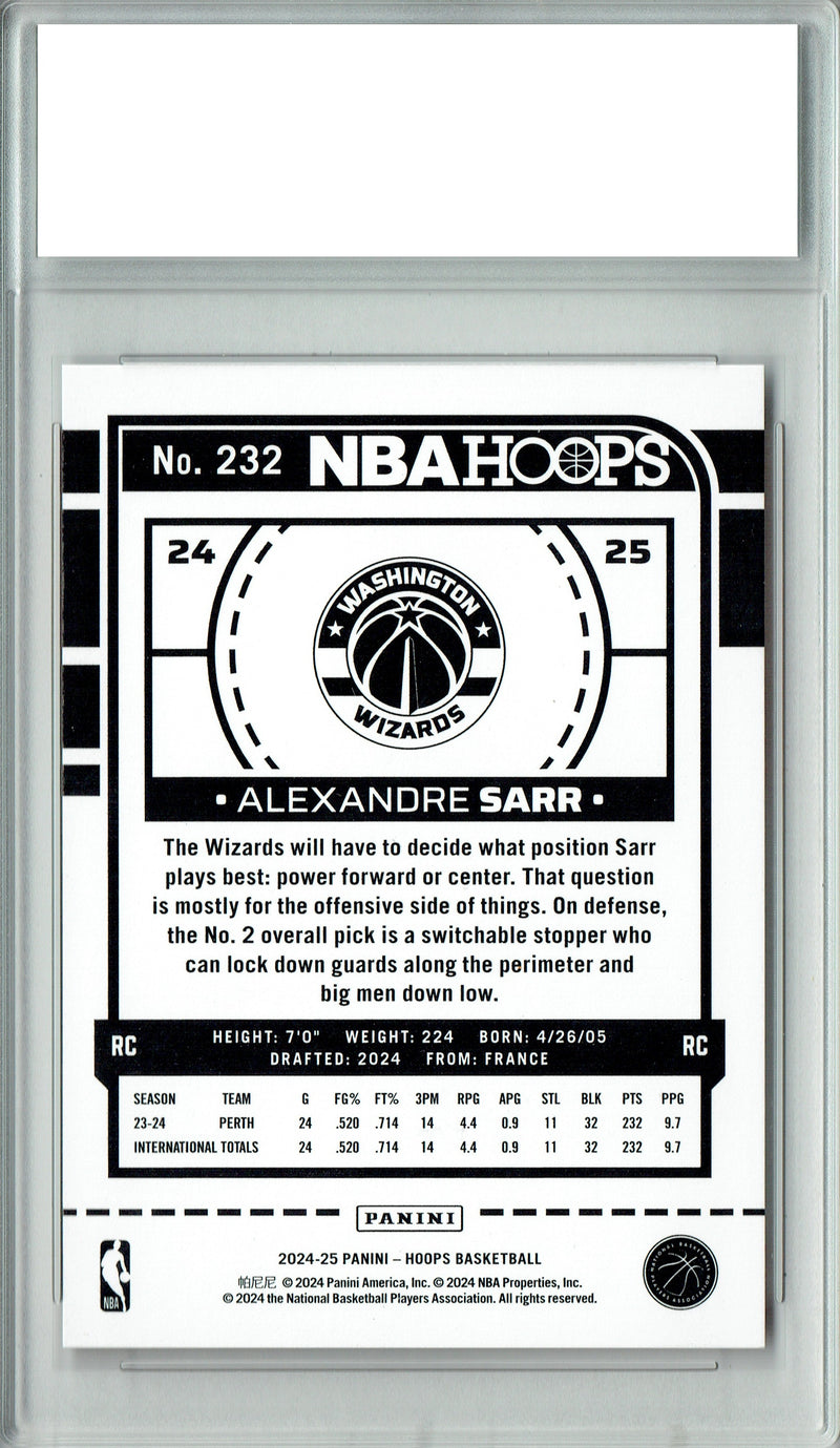 Alexandre Sarr Rookie Card 2024 NBA Hoops #232, PGI 10, Washington Wizards Basketball