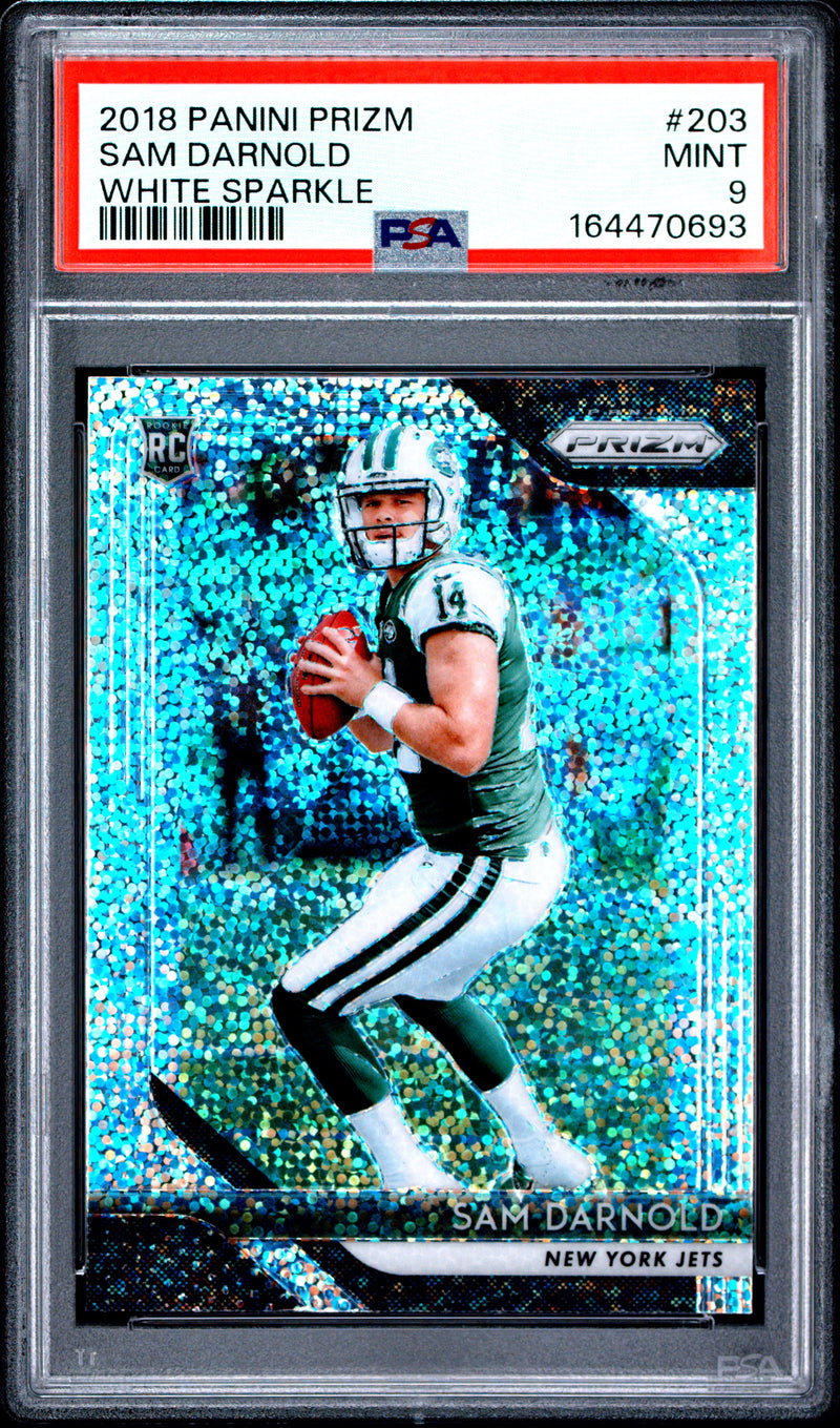 Sam Darnold Rookie Card 2018 Panini Prizm #203 White Sparkle SP, PSA 9, New York Jets Football
