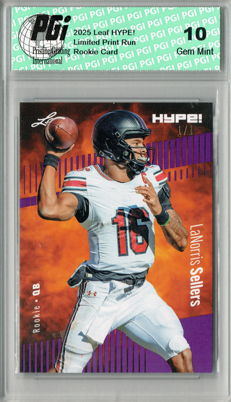 LaNorris Sellers Rookie Card South Carolina PGI 10 Football Trading Card 2025 Leaf HYPE! #185 Purple Blank Back 1/1