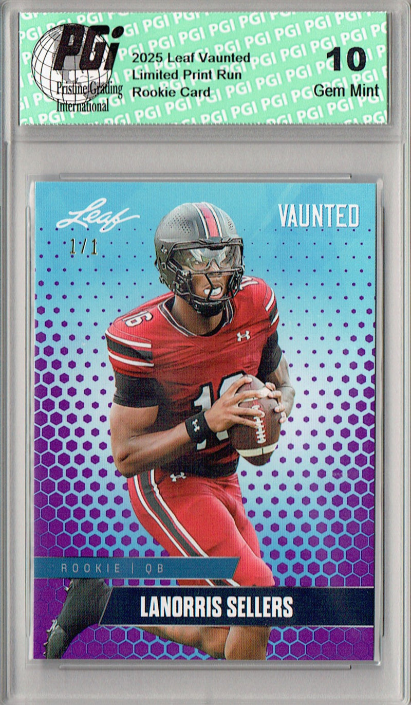 LaNorris Sellers Rookie Card South Carolina PGI 10 Football Trading Card 2025 Leaf Vaunted #V-11 Purple Blank Back 1/1
