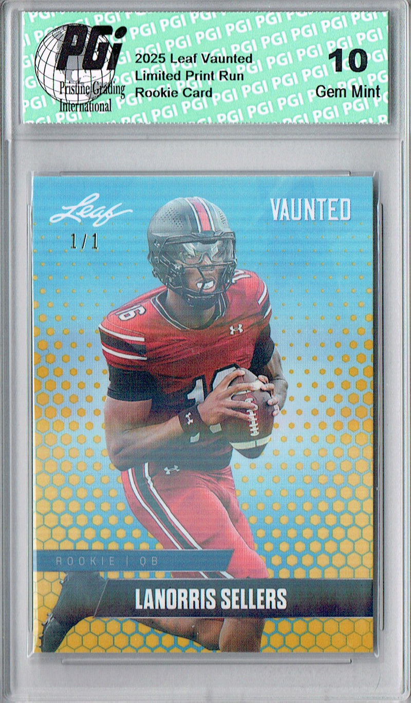 LaNorris Sellers Rookie Card South Carolina PGI 10 Football Trading Card 2025 Leaf Vaunted #V-11 Gold Shimmer 1/1