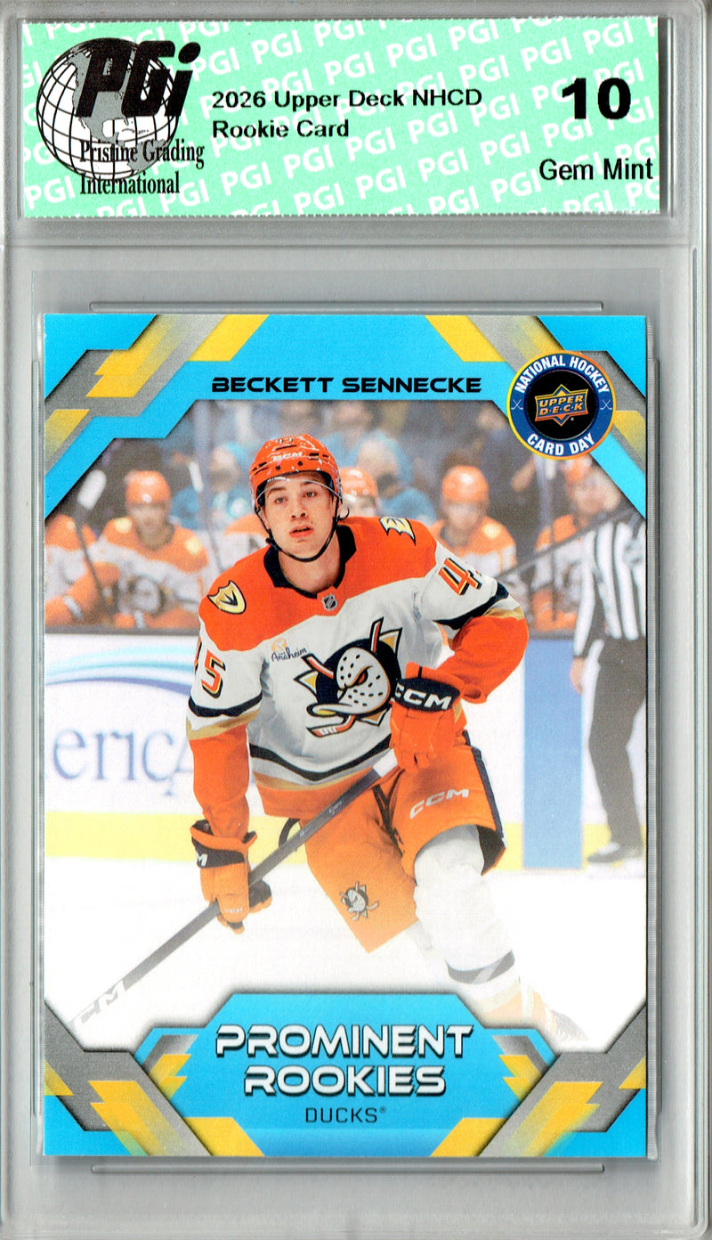 Beckett Sennecke Rookie Card 2026 Upper Deck #NHCD-5 National Hockey Card Day, PGI 10, Anaheim Ducks Hockey