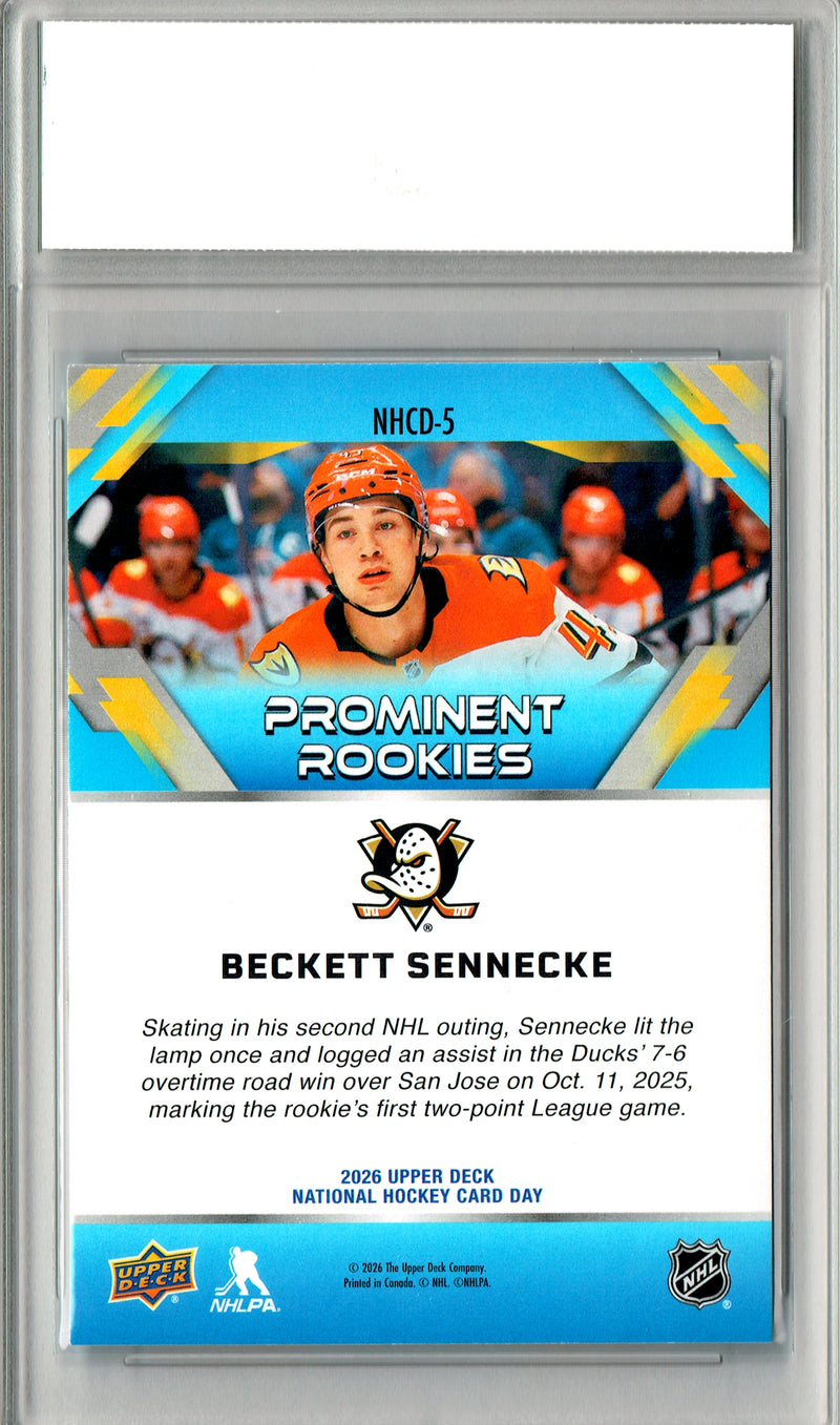 Beckett Sennecke Rookie Card 2026 Upper Deck #NHCD-5 National Hockey Card Day, PGI 10, Anaheim Ducks Hockey