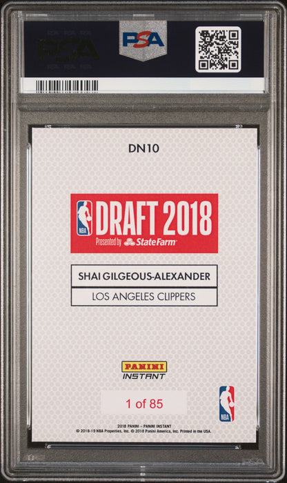 PSA 10 Shai Gilgeous Alexander 2018 Panini Instant #DN10 Draft Night 1/85 Rookie Card