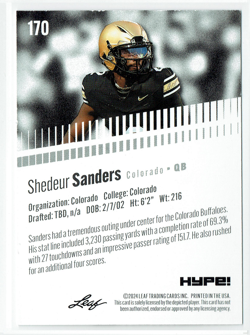 Mint Shedeur Sanders 2024 Leaf HYPE! #LH-170 Only 5000 Made Rookie Card Colorado Buffaloes