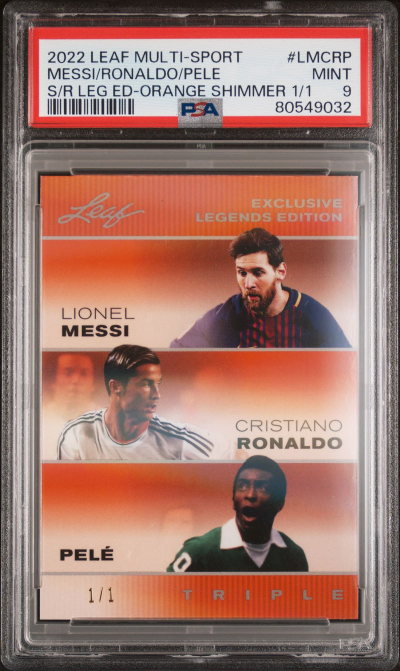2022 Leaf PSA 9 #LMCRP The Triple Pele Lionel Messi Cristiano Ronaldo Orange Shimmer 1/1 Rare Trading Card FC Barcelona