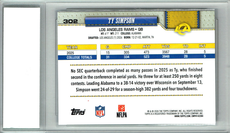 Ty Simpson Rookie Card 2026 Topps #302 Flagship, PGI 10, Los Angeles Rams Football
