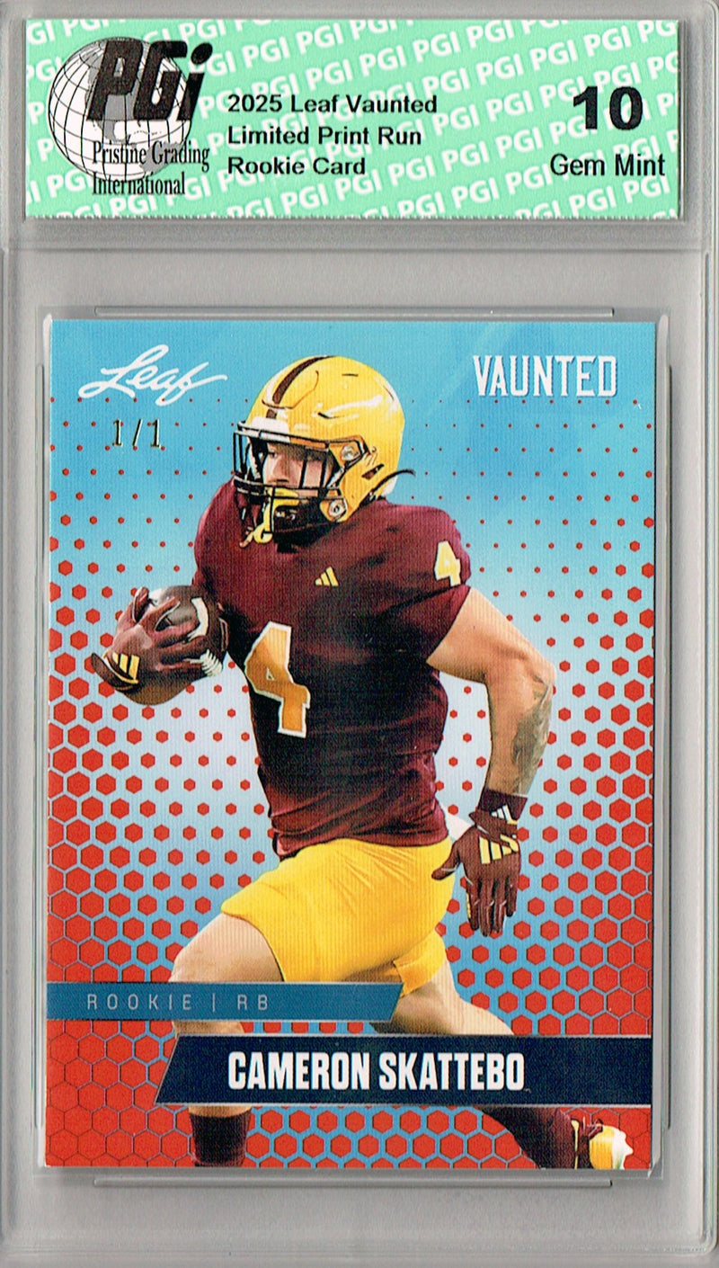 Cam Skattebo Rookie Card ASU / New York PGI 10 Football Trading Card 2025 Leaf Vaunted #V-06 Orange Blank Back 1/1