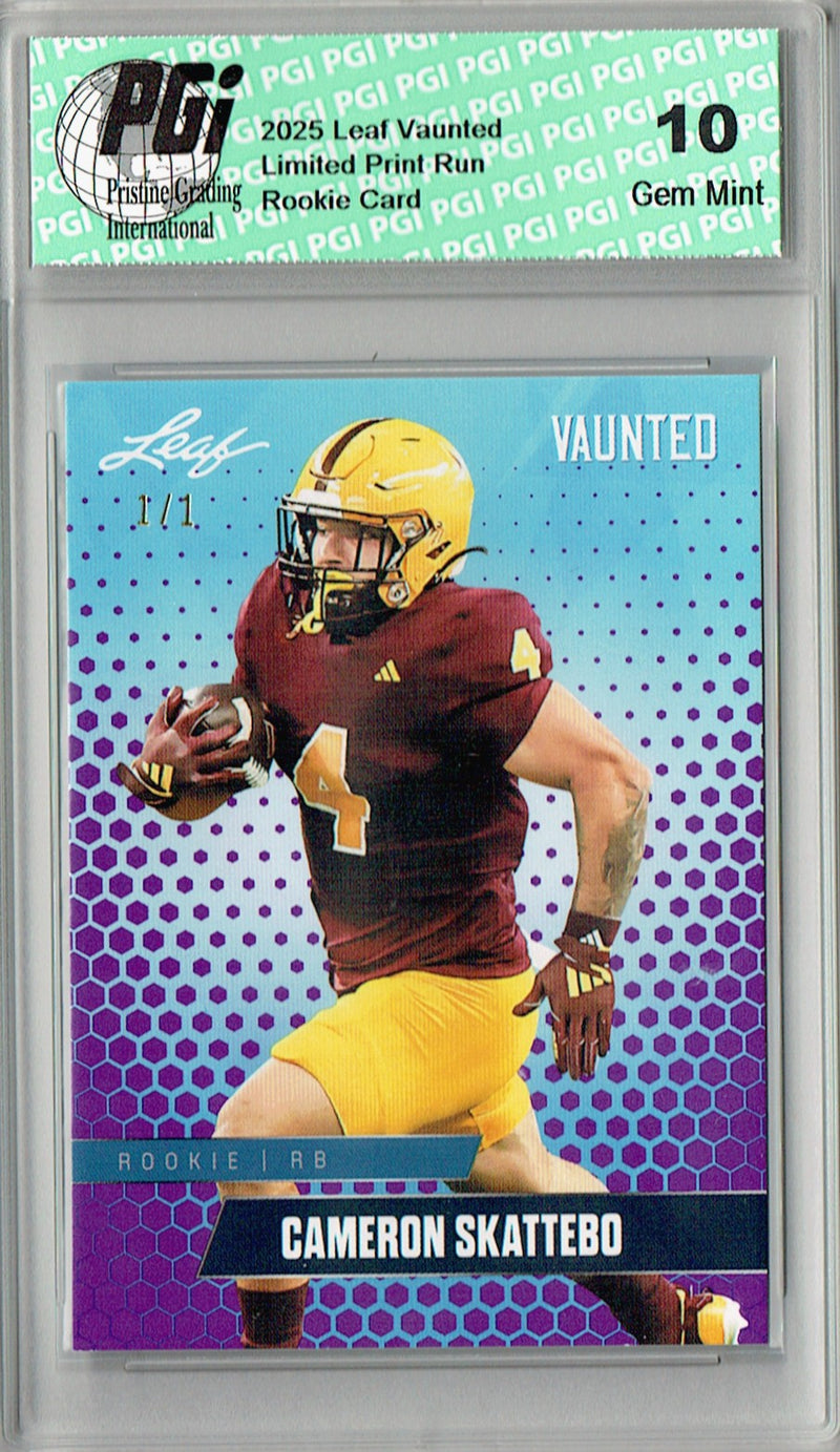 Cam Skattebo Rookie Card ASU / New York PGI 10 Football Trading Card 2025 Leaf Vaunted #V-06 Purple Blank Back 1/1