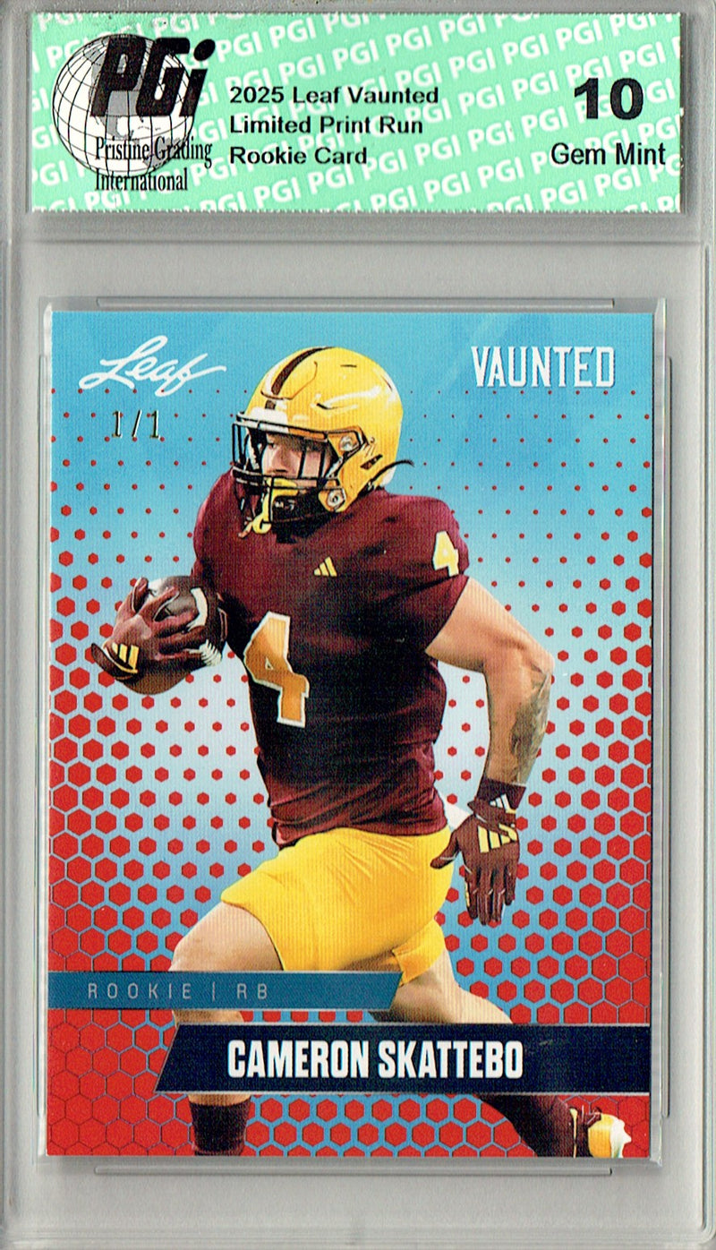Cam Skattebo Rookie Card ASU / New York PGI 10 Football Trading Card 2025 Leaf Vaunted #V-06 Red Blank Back 1/1