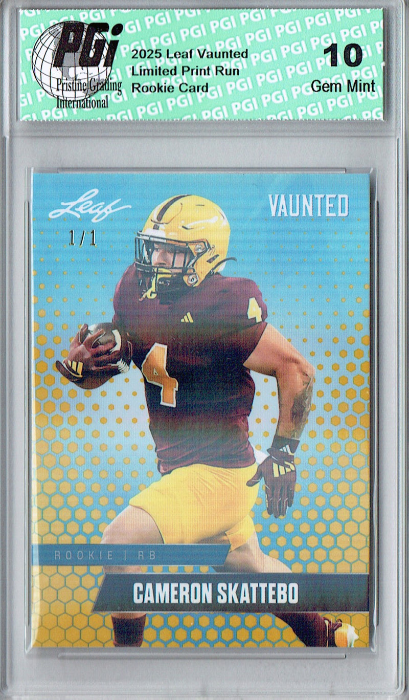 Cam Skattebo Rookie Card ASU / New York PGI 10 Football Trading Card 2025 Leaf Vaunted #V-06 Gold Shimmer 1/1