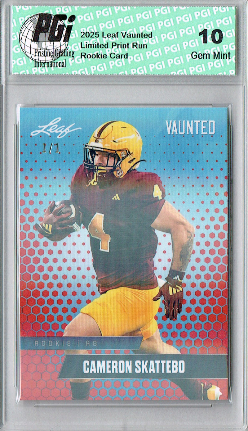 Cam Skattebo Rookie Card ASU / New York PGI 10 Football Trading Card 2025 Leaf Vaunted #V-06 Orange Shimmer 1/1