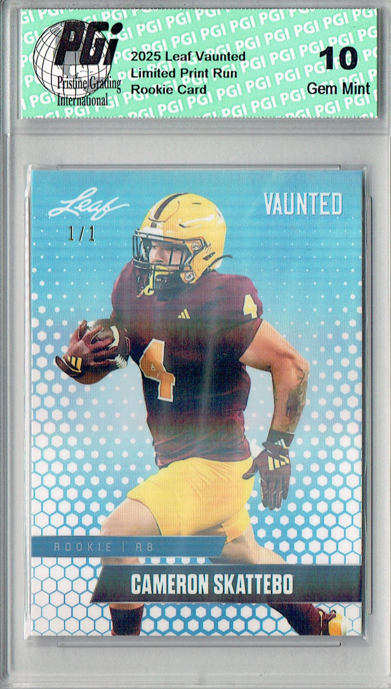 Cam Skattebo Rookie Card ASU / New York PGI 10 Football Trading Card 2025 Leaf Vaunted #V-06 White Shimmer 1/1