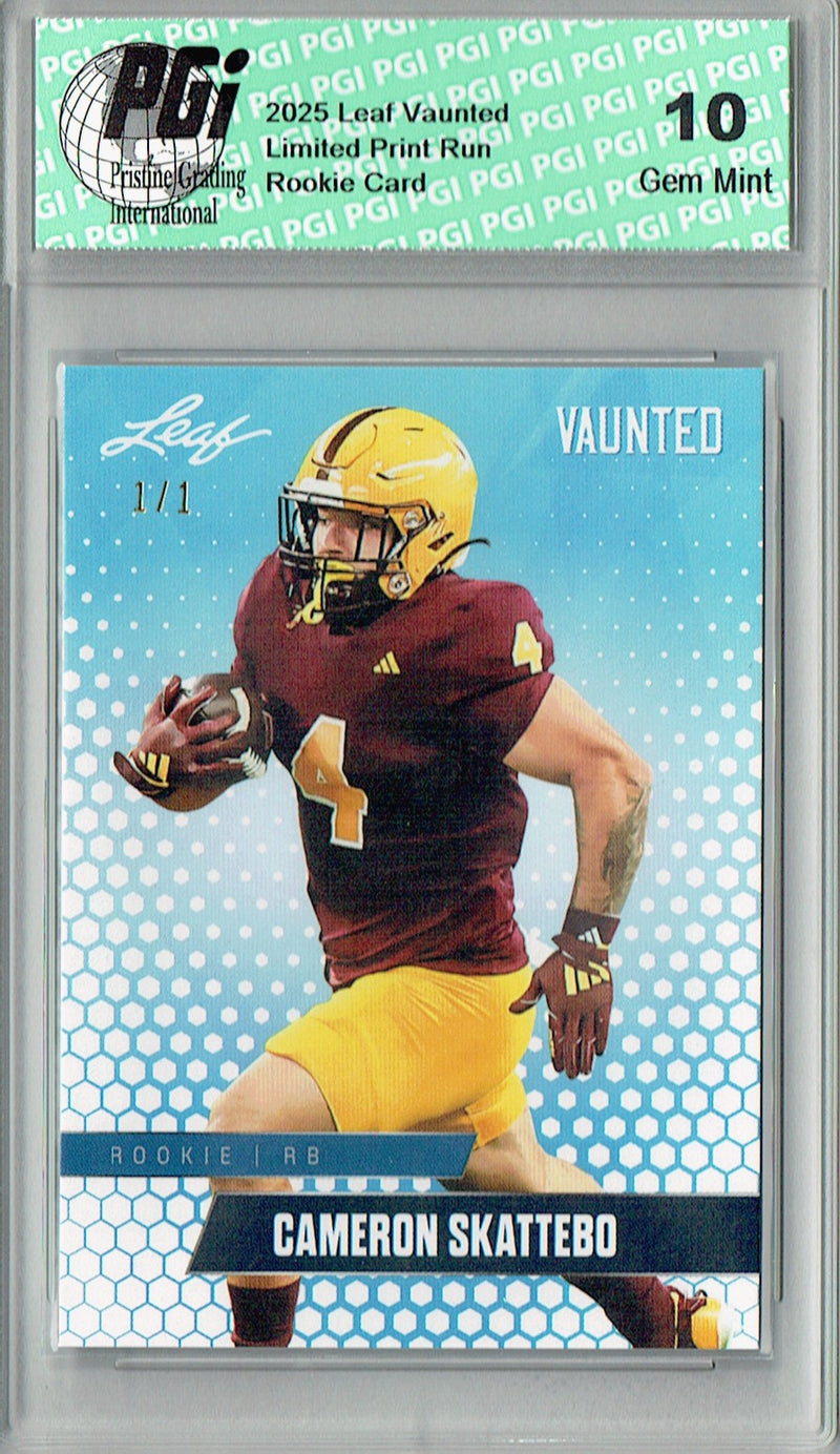 Cam Skattebo Rookie Card ASU / New York PGI 10 Football Trading Card 2025 Leaf Vaunted #V-06 White Blank Back 1/1