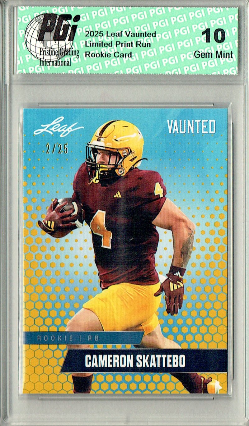Cam Skattebo Rookie Card ASU / New York PGI 10 Football Trading Card 2025 Leaf Vaunted #V-06 Gold 25 Made