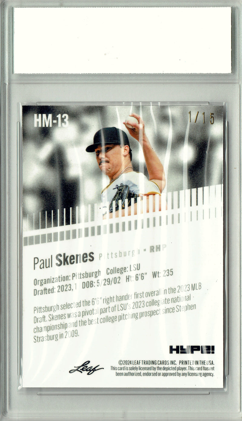 Paul Skenes Rookie Card 2024 Leaf HYPE! #HM-13 Metal #1/15 Purple, PGI 10, Pittsburgh Pirates Baseball