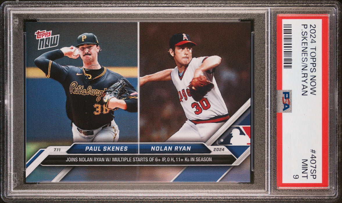 PSA 9 Paul Skenes/Nolan Ryan 2024 Topps Now #407SP Rainbow Foil SP Rookie Card