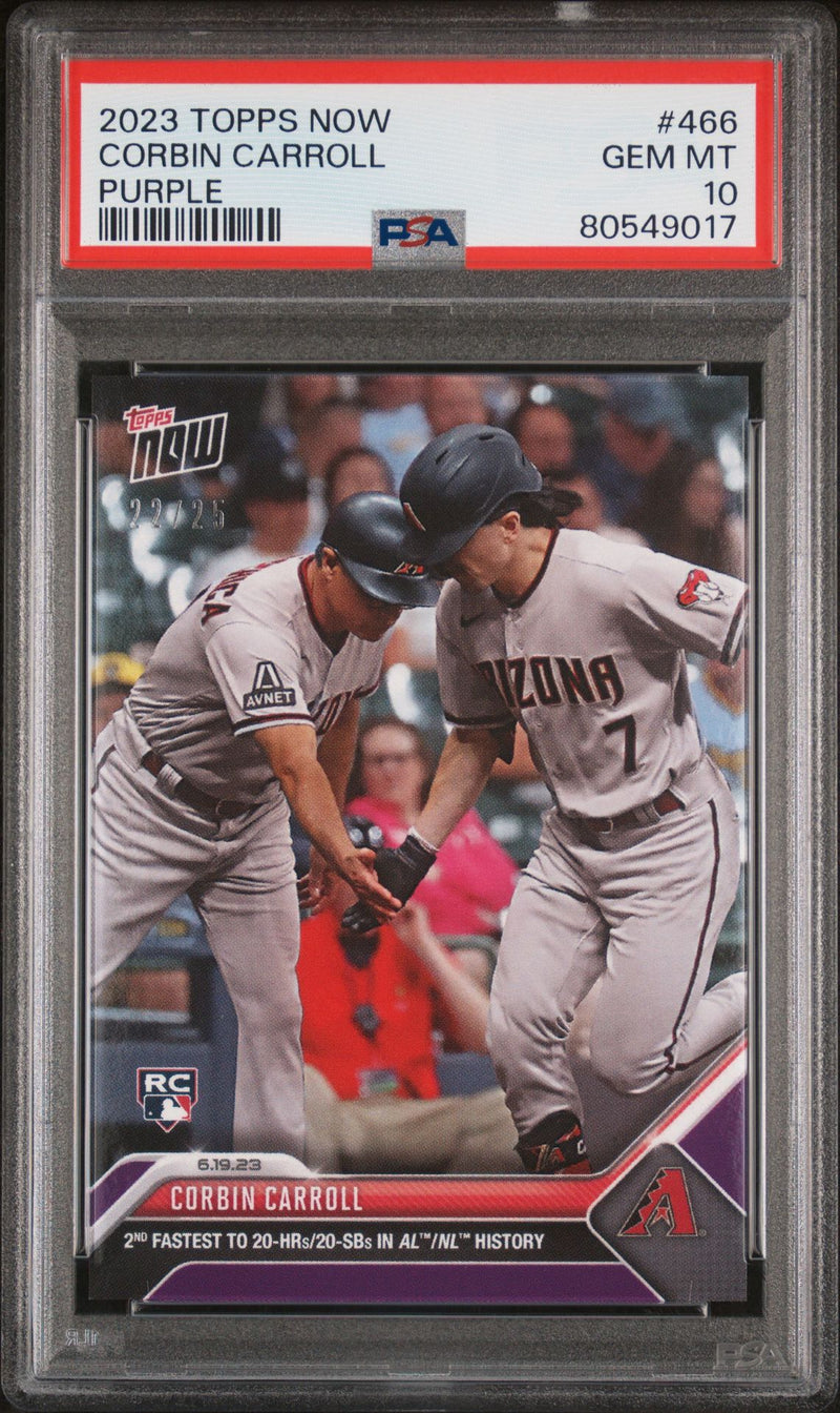 PSA 10 Corbin Carroll 2023 Topps Now #466 Purple SP #22/25 Rookie Card