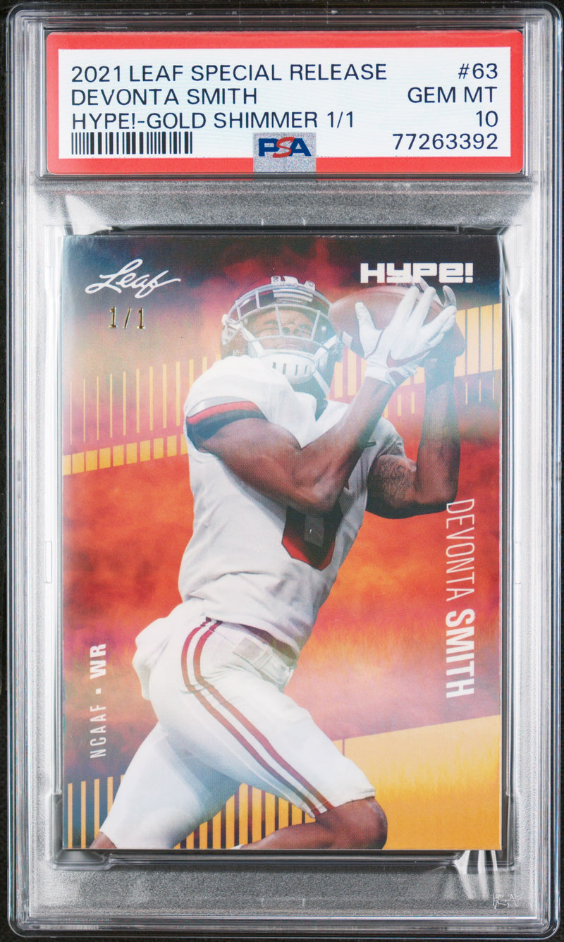 DeVonta Smith Rookie Card Philadelphia PSA GEM-MT 10 (Gem Mint) Football Trading Card 2021 Leaf Hype #63 Gold Shimmer #1/1
