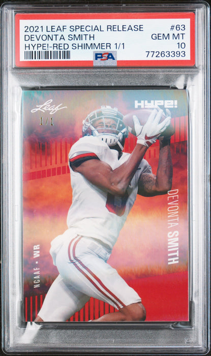 PSA 10 GEM-MT DeVonta Smith 2021 Leaf Hype #63 Rookie Card Red Shimmer #1/1