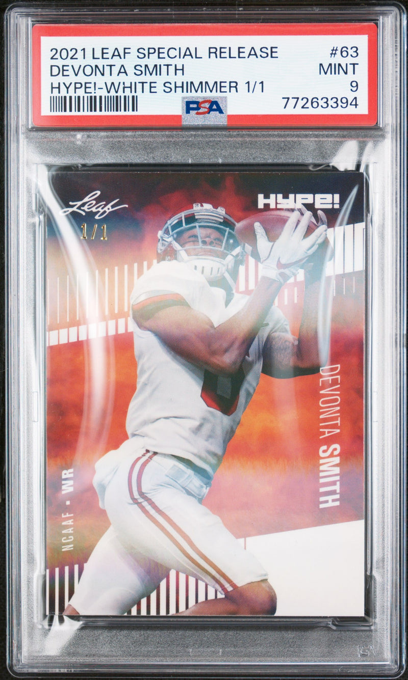 DeVonta Smith Rookie Card Philadelphia PSA MINT 9 (Mint) Football Trading Card 2021 Leaf Hype #63 White Shimmer #1/1