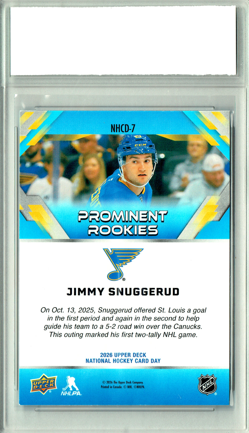 Jimmy Snuggerud Rookie Card 2026 Upper Deck #NHCD-7 National Hockey Card Day, PGI 10, St. Louis Blues Hockey