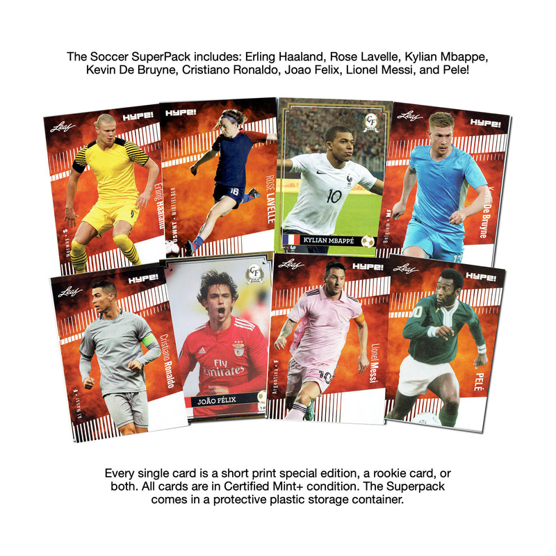 Soccer Superpack - Best Selling Trading Cards - Lionel Messi, Mbappe, Pele, Haaland, Cristiano Ronaldo & More - 8 cards plus bonuses - All Certified Mint+