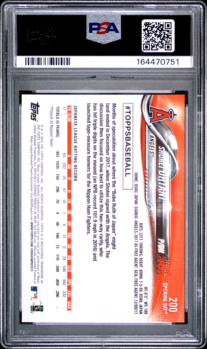 Shohei Ohtani Rookie Card 2018 Topps #200 Opening Day, PSA 10, Los Angeles Angels Baseball