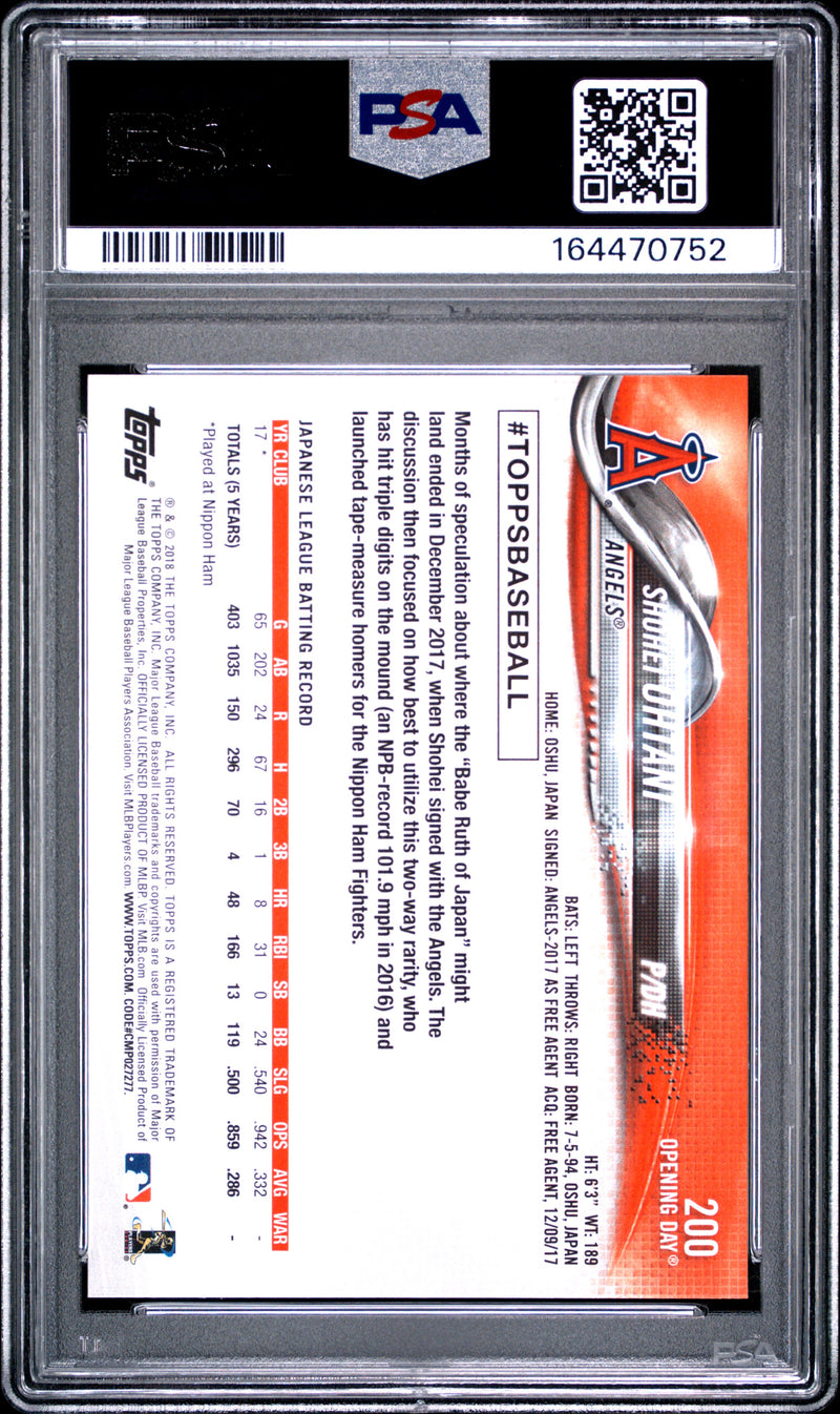 Shohei Ohtani Rookie Card 2018 Topps #200 Opening Day, PSA 10, Los Angeles Angels Baseball
