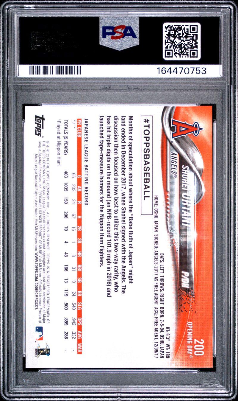 Shohei Ohtani Rookie Card 2018 Topps #200 Opening Day, PSA 9, Los Angeles Angels Baseball