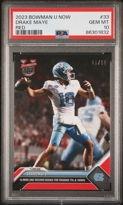 PSA 10 Drake Maye 2023 Bowman University Now #33 Red SP The #1 of 10 Rookie Card