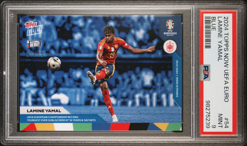 PSA 9 Lamine Yamal 2024 Topps Now #54 Blue Foil SP #15/49 UEFA EURO Rookie Card Spain