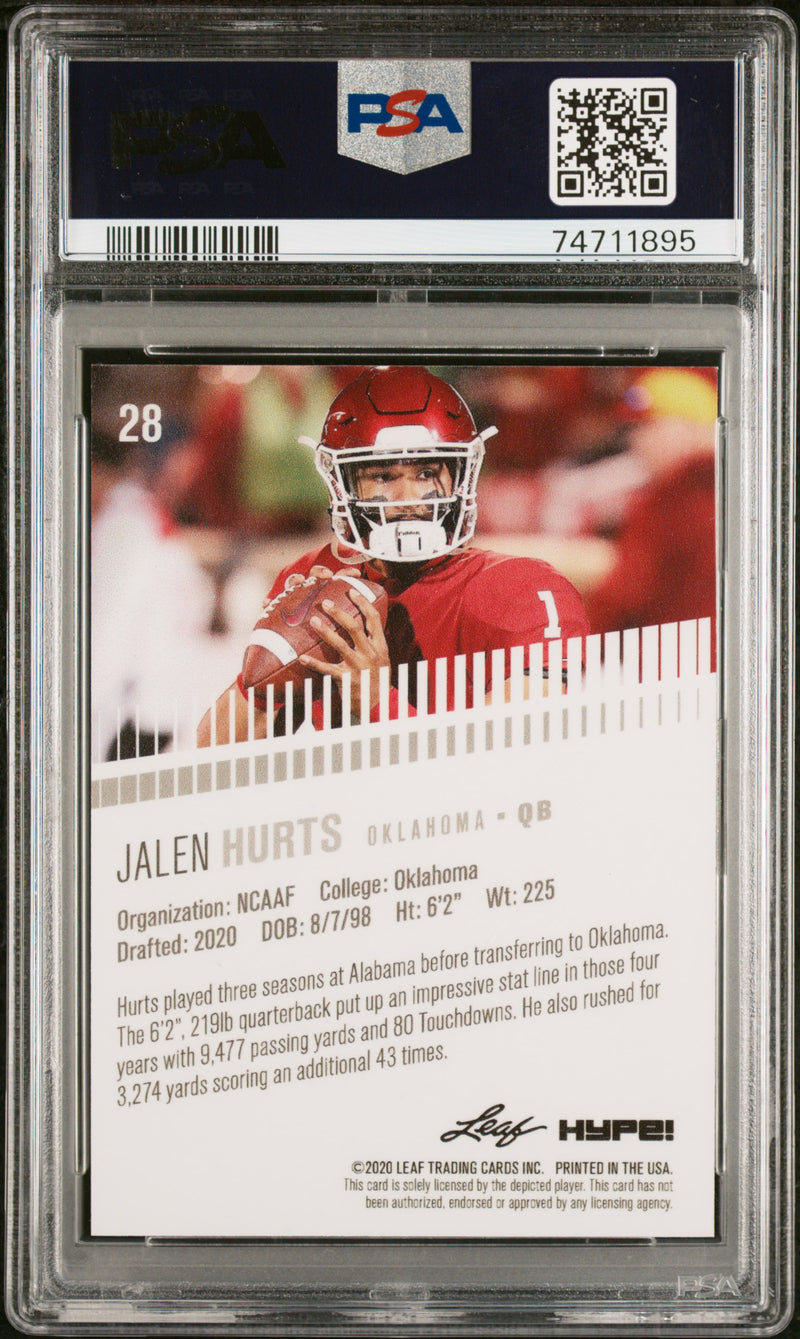 PSA 9 Jalen Hurts 2020 Leaf Hype #28 Gold Shimmer 1 of 1 Rookie Card Philadelphia Eagles